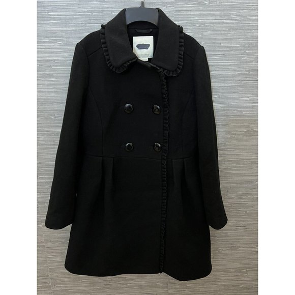 Kate Spade Wool Coat Ruffle Trim Bow Back Peacoat Black Women's Size 6 - Picture 2 of 12